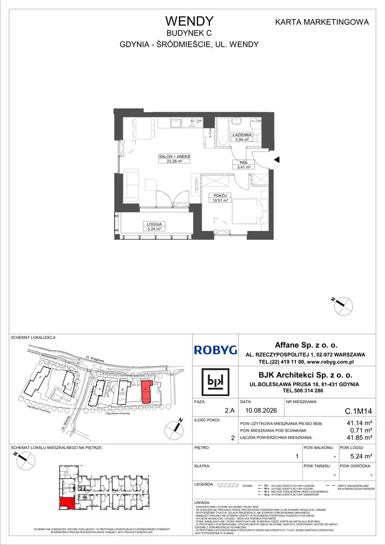 2 pokoje, mieszkanie 41,14 m², piętro 1, oferta nr C.1M14, WENDY - Budynek C, Gdynia, Śródmieście, Śródmieście, ul. Wendy 7-9