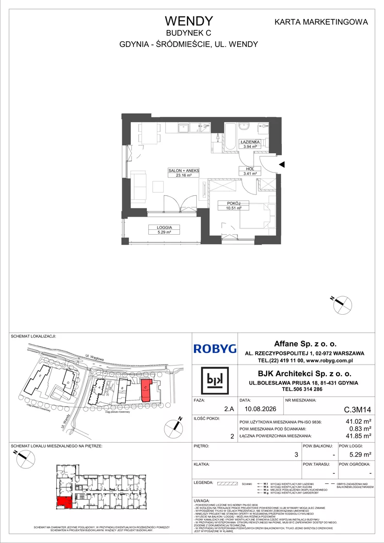 2 pokoje, mieszkanie 41,02 m², piętro 3, oferta nr C.3M14, WENDY - Budynek C, Gdynia, Śródmieście, Śródmieście, ul. Wendy 7-9