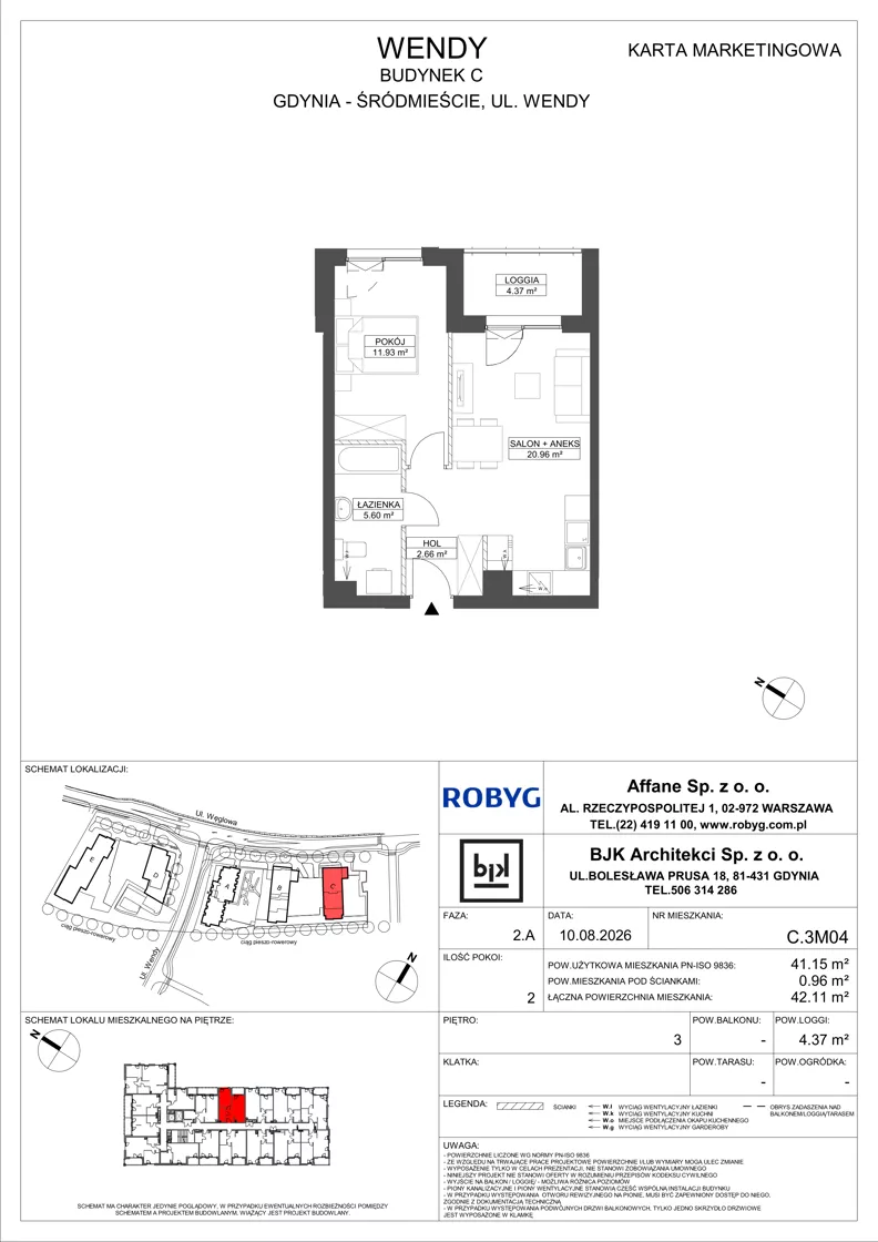 2 pokoje, mieszkanie 41,15 m², piętro 3, oferta nr C.3M04, WENDY - Budynek C, Gdynia, Śródmieście, Śródmieście, ul. Wendy 7-9
