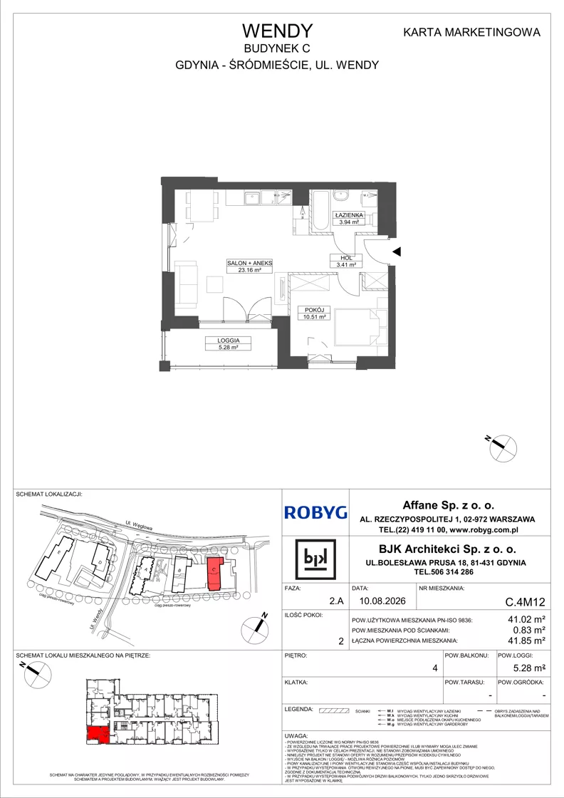 2 pokoje, mieszkanie 41,02 m², piętro 4, oferta nr C.4M12, WENDY - Budynek C, Gdynia, Śródmieście, Śródmieście, ul. Wendy 7-9