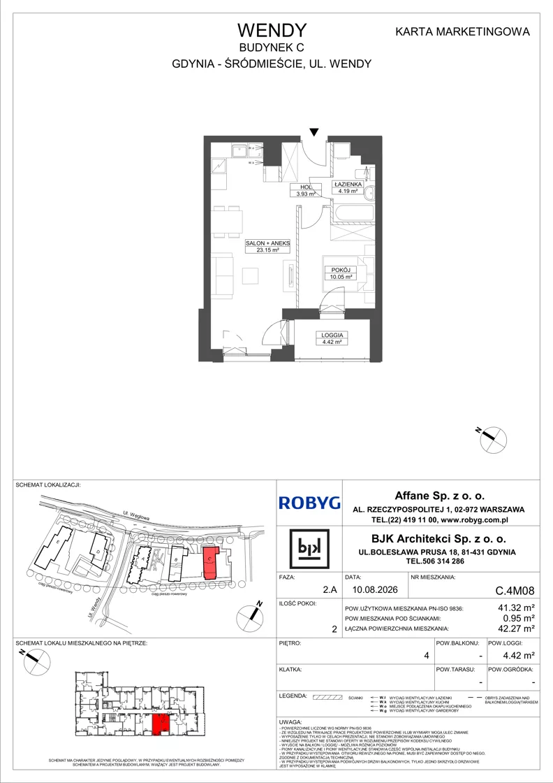 2 pokoje, mieszkanie 41,32 m², piętro 4, oferta nr C.4M08, WENDY - Budynek C, Gdynia, Śródmieście, Śródmieście, ul. Wendy 7-9