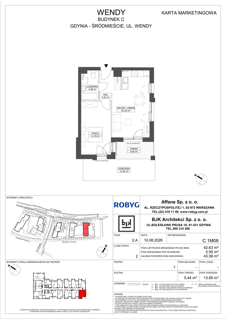 2 pokoje, mieszkanie 42,63 m², piętro 1, oferta nr C.1M08, WENDY - Budynek C, Gdynia, Śródmieście, Śródmieście, ul. Wendy 7-9