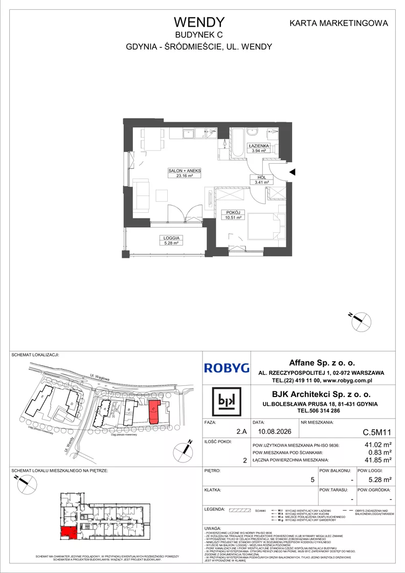 2 pokoje, mieszkanie 41,02 m², piętro 5, oferta nr C.5M11, WENDY - Budynek C, Gdynia, Śródmieście, Śródmieście, ul. Wendy 7-9