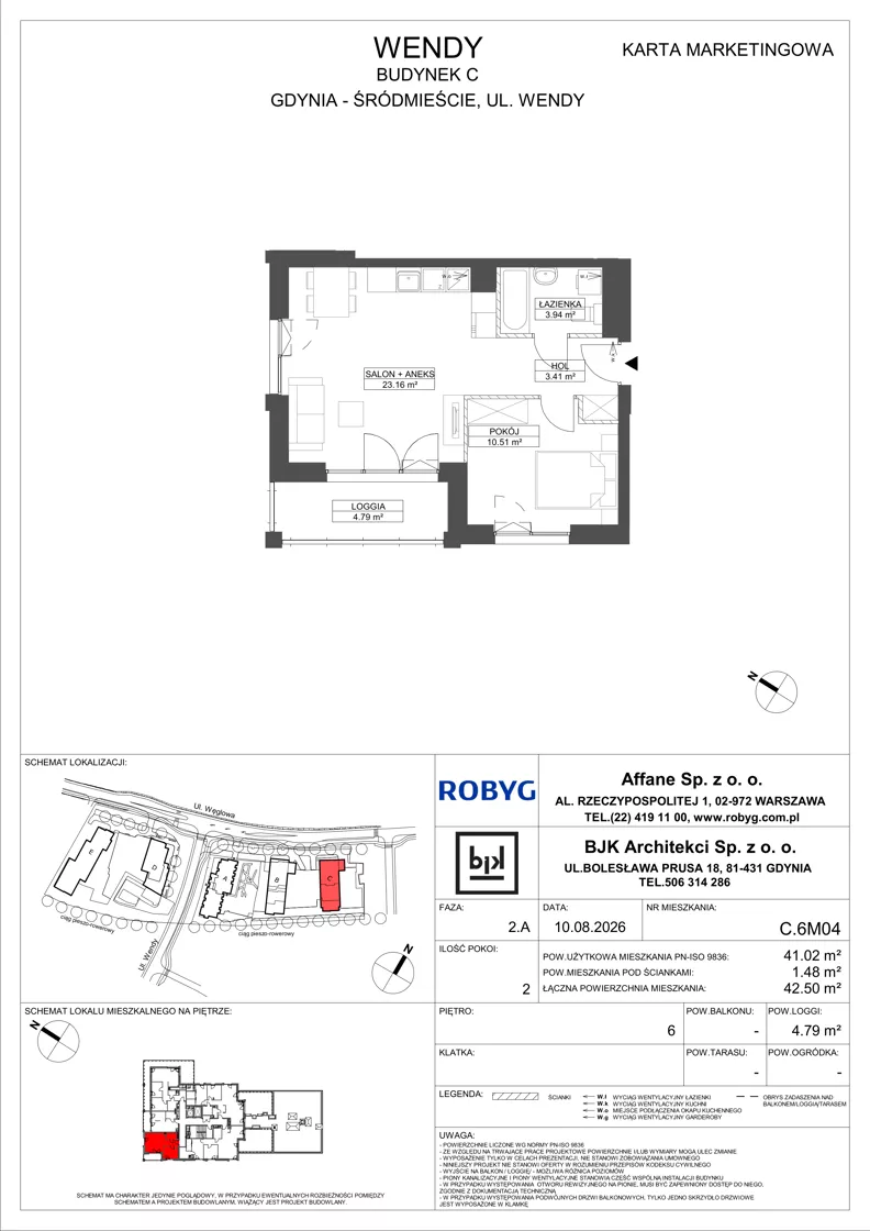 2 pokoje, mieszkanie 41,02 m², piętro 6, oferta nr C.6M04, WENDY - Budynek C, Gdynia, Śródmieście, Śródmieście, ul. Wendy 7-9