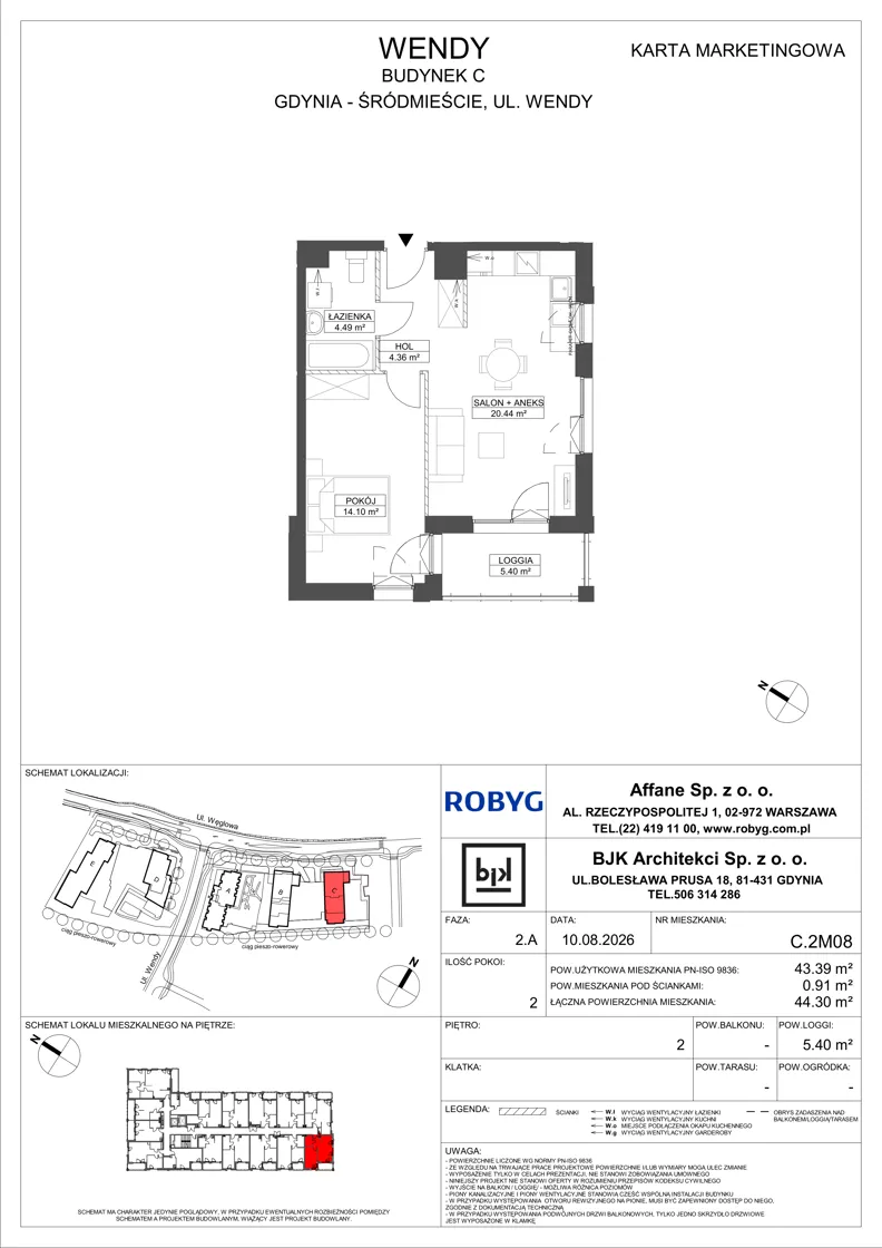 2 pokoje, mieszkanie 43,39 m², piętro 2, oferta nr C.2M08, WENDY - Budynek C, Gdynia, Śródmieście, Śródmieście, ul. Wendy 7-9