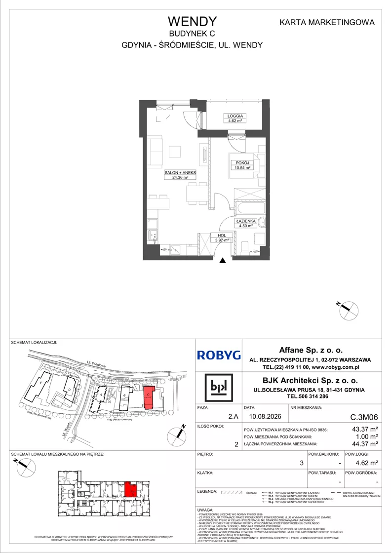2 pokoje, mieszkanie 43,37 m², piętro 3, oferta nr C.3M06, WENDY - Budynek C, Gdynia, Śródmieście, Śródmieście, ul. Wendy 7-9