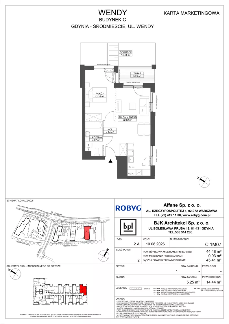 2 pokoje, mieszkanie 44,48 m², piętro 1, oferta nr C.1M07, WENDY - Budynek C, Gdynia, Śródmieście, Śródmieście, ul. Wendy 7-9