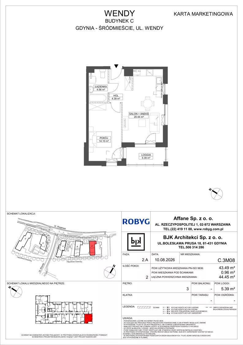 2 pokoje, mieszkanie 43,49 m², piętro 3, oferta nr C.3M08, WENDY - Budynek C, Gdynia, Śródmieście, Śródmieście, ul. Wendy 7-9