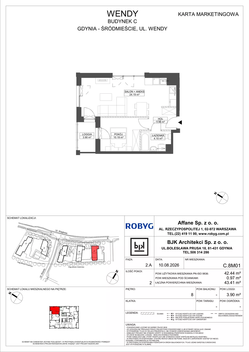 2 pokoje, mieszkanie 42,44 m², piętro 8, oferta nr C.8M01, WENDY - Budynek C, Gdynia, Śródmieście, Śródmieście, ul. Wendy 7-9