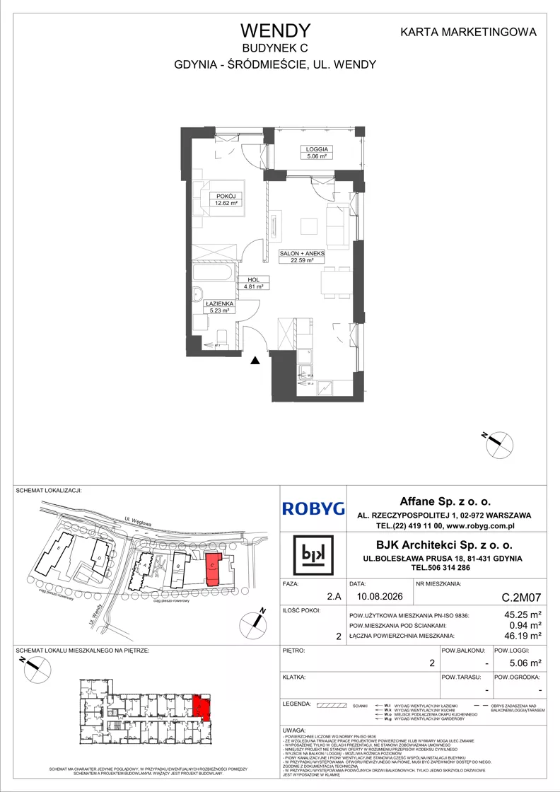 2 pokoje, mieszkanie 45,25 m², piętro 2, oferta nr C.2M07, WENDY - Budynek C, Gdynia, Śródmieście, Śródmieście, ul. Wendy 7-9