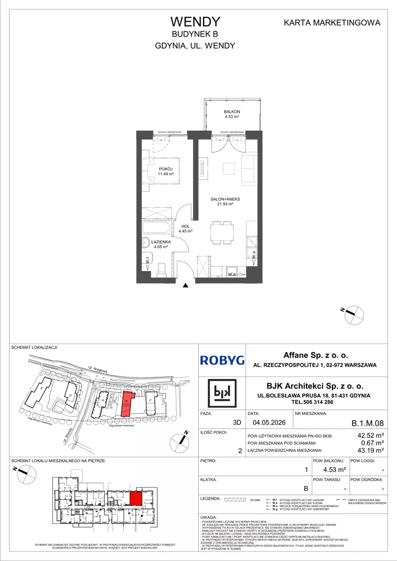 2 pokoje, mieszkanie 42,52 m², piętro 1, oferta nr B.1M08, WENDY - Budynek B, Gdynia, Śródmieście, Śródmieście, ul. Wendy