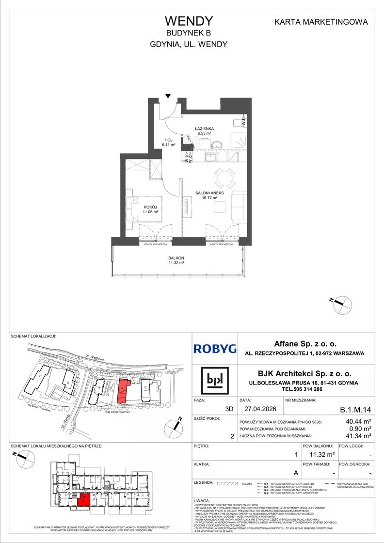 2 pokoje, mieszkanie 40,44 m², piętro 1, oferta nr B.1M14, WENDY - Budynek B, Gdynia, Śródmieście, Śródmieście, ul. Wendy