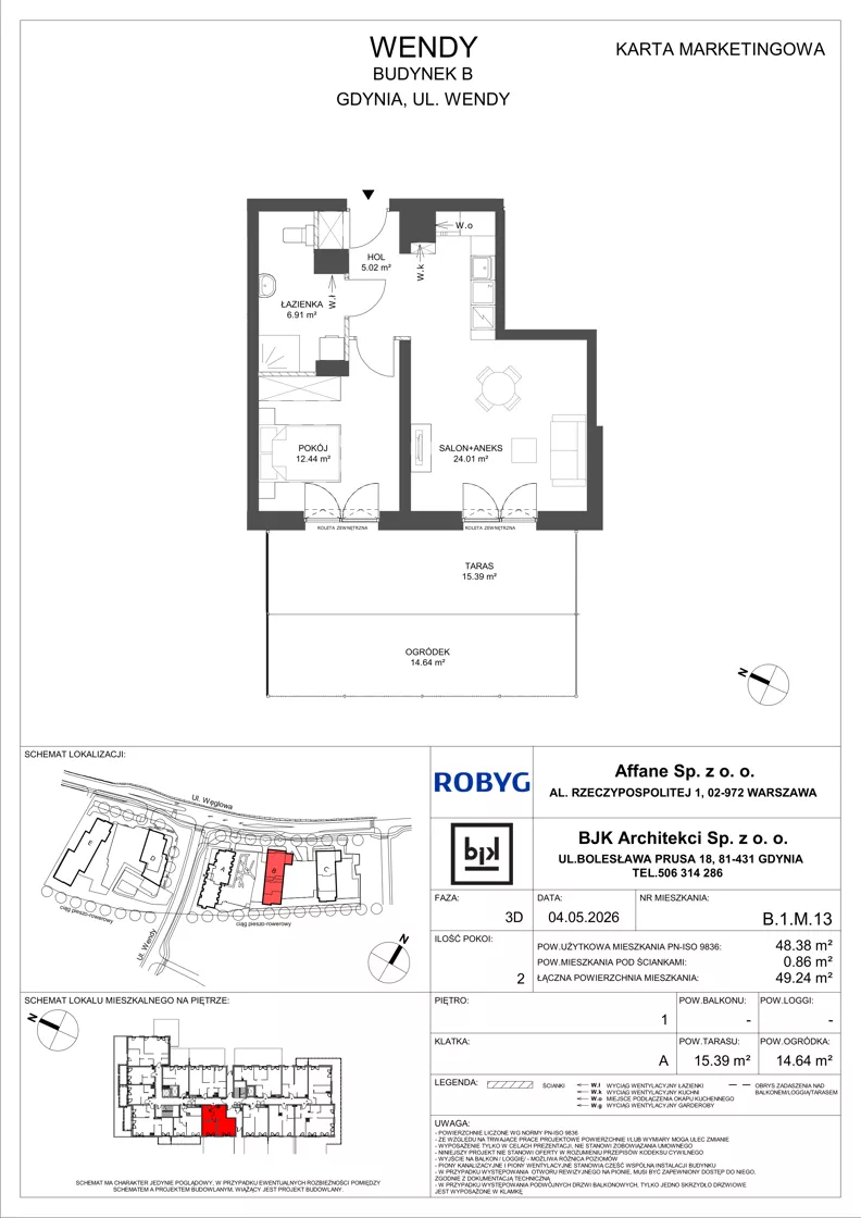 2 pokoje, mieszkanie 48,38 m², piętro 1, oferta nr B.1M13, WENDY - Budynek B, Gdynia, Śródmieście, Śródmieście, ul. Wendy
