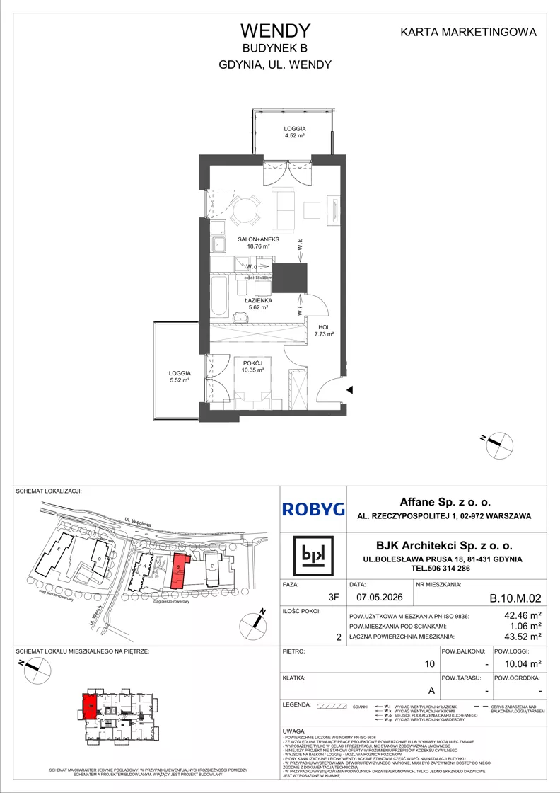 2 pokoje, mieszkanie 42,46 m², piętro 10, oferta nr B.10M02, WENDY - Budynek B, Gdynia, Śródmieście, Śródmieście, ul. Wendy