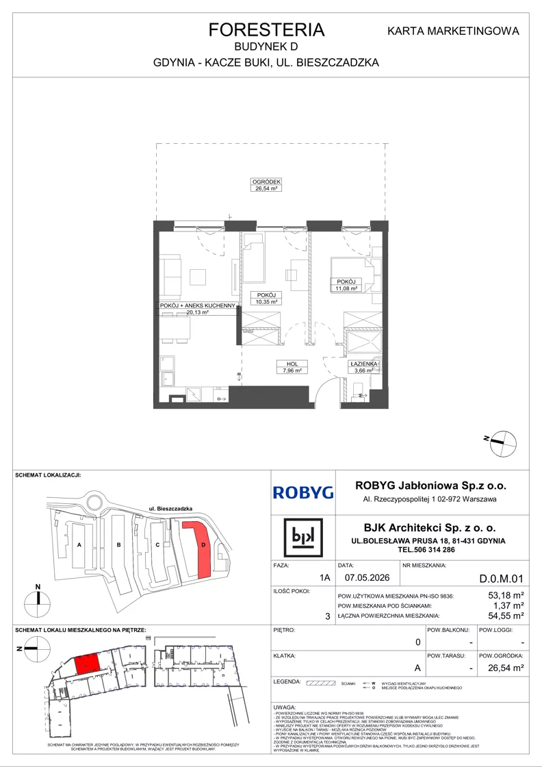 3 pokoje, mieszkanie 53,18 m², parter, oferta nr D.0M01, Foresteria, Gdynia, Wielki Kack, Kacze Buki, ul. Bieszczadzka