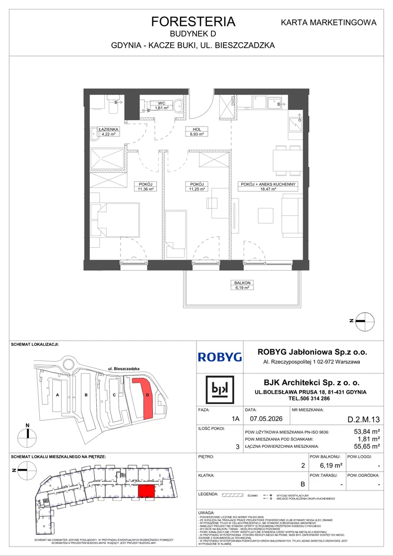 3 pokoje, mieszkanie 53,84 m², piętro 2, oferta nr D.2M13, Foresteria, Gdynia, Wielki Kack, Kacze Buki, ul. Bieszczadzka