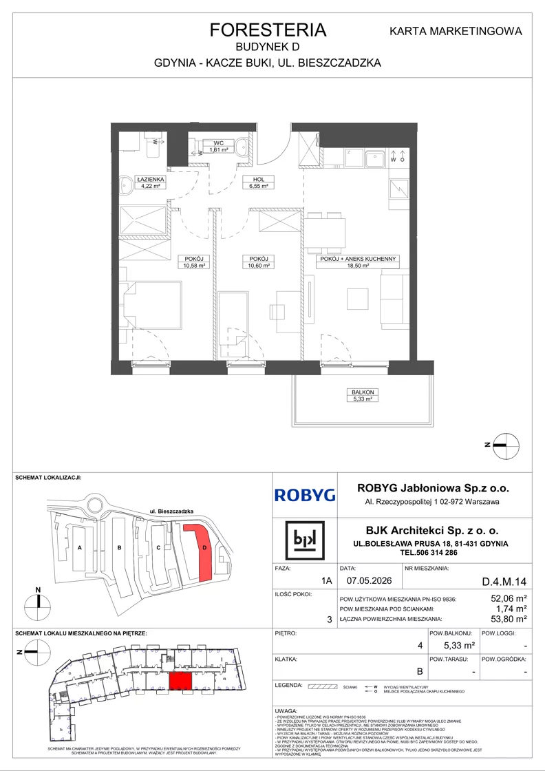 3 pokoje, mieszkanie 52,06 m², piętro 4, oferta nr D.4M14, Foresteria, Gdynia, Wielki Kack, Kacze Buki, ul. Bieszczadzka