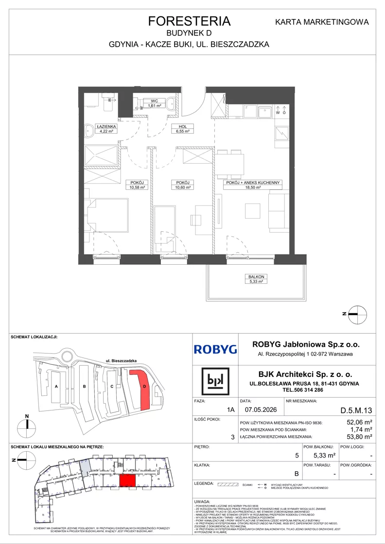 3 pokoje, mieszkanie 52,06 m², piętro 5, oferta nr D.5M13, Foresteria, Gdynia, Wielki Kack, Kacze Buki, ul. Bieszczadzka