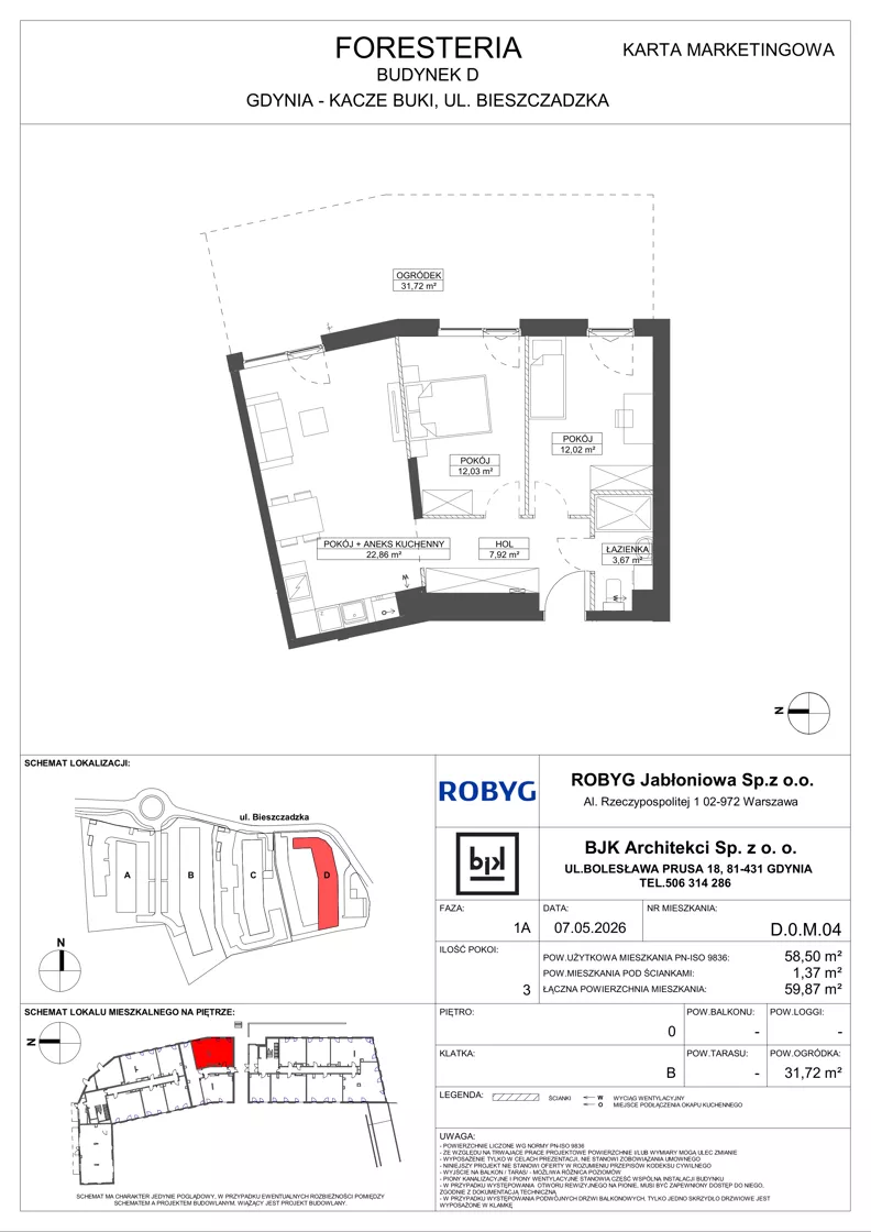 3 pokoje, mieszkanie 58,50 m², parter, oferta nr D.0M04, Foresteria, Gdynia, Wielki Kack, Kacze Buki, ul. Bieszczadzka