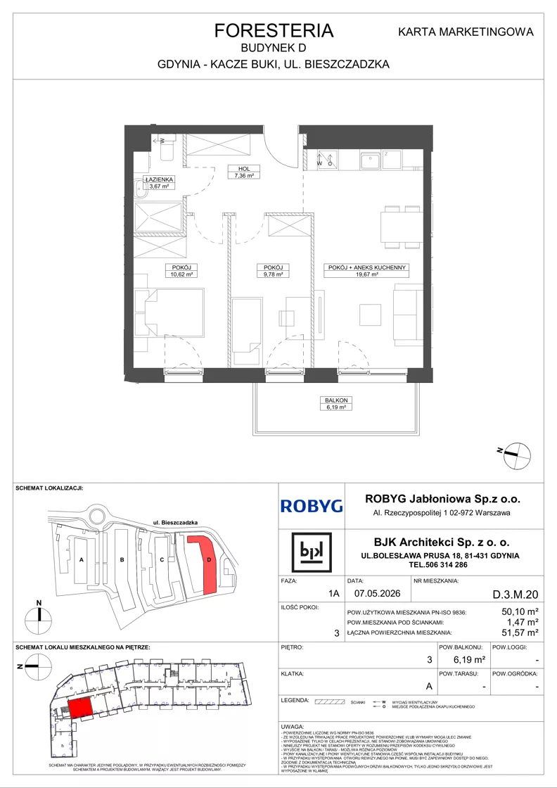 3 pokoje, mieszkanie 50,10 m², piętro 3, oferta nr D.3M20, Foresteria, Gdynia, Wielki Kack, Kacze Buki, ul. Bieszczadzka