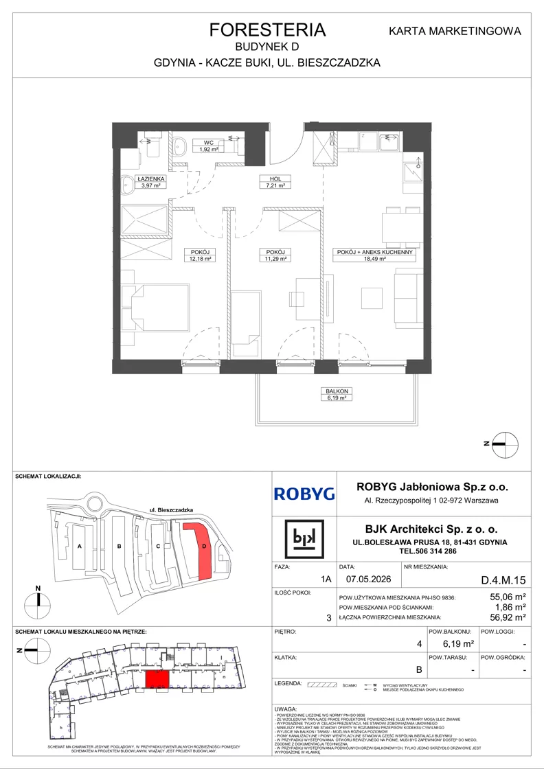 3 pokoje, mieszkanie 55,06 m², piętro 4, oferta nr D.4M15, Foresteria, Gdynia, Wielki Kack, Kacze Buki, ul. Bieszczadzka