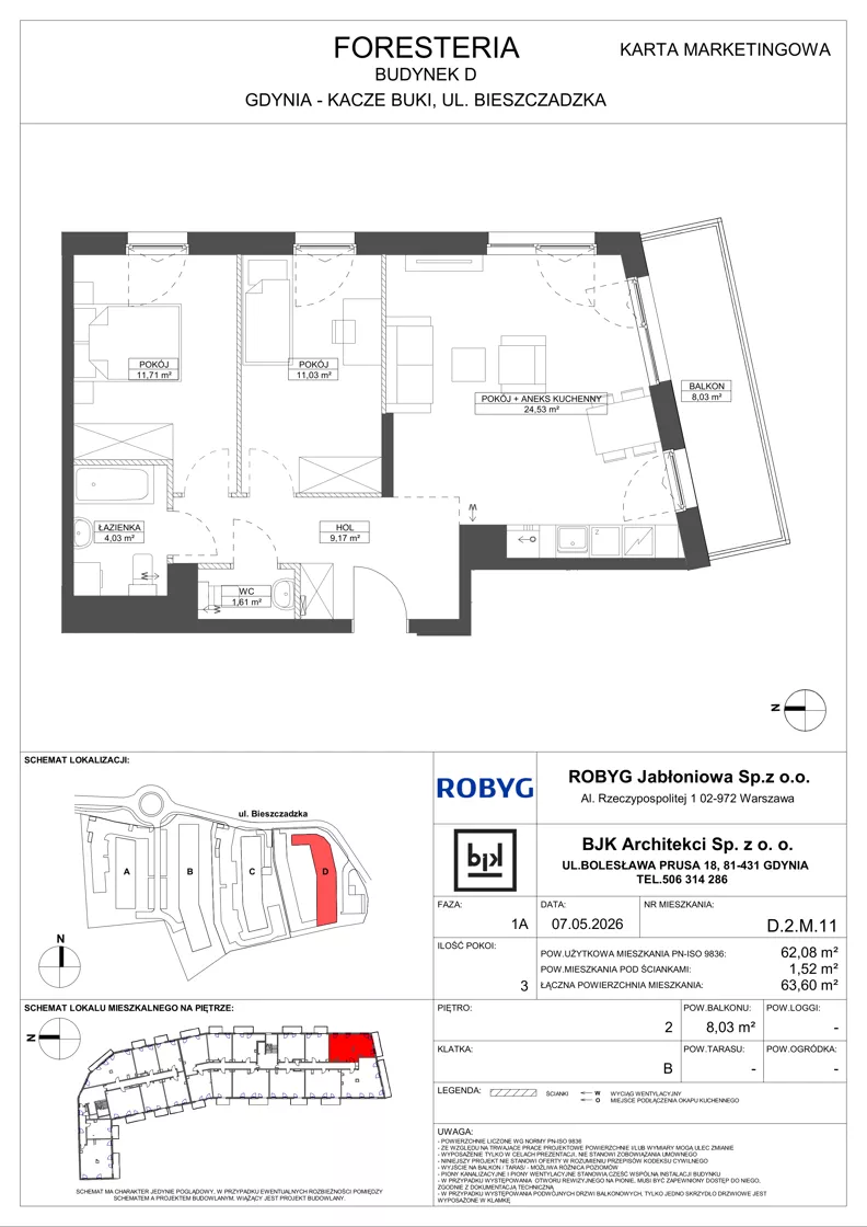 3 pokoje, mieszkanie 62,08 m², piętro 2, oferta nr D.2M11, Foresteria Etap D, Gdynia, Wielki Kack, Kacze Buki, ul. Bieszczadzka