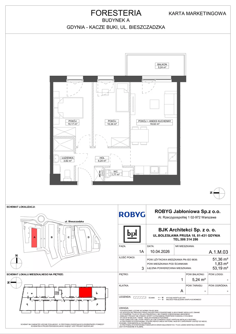 3 pokoje, mieszkanie 51,36 m², piętro 1, oferta nr A.1M03, Foresteria Etap A, Gdynia, Wielki Kack, Kacze Buki, ul. Bieszczadzka