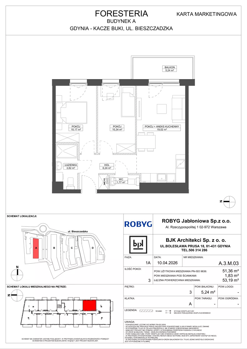 3 pokoje, mieszkanie 51,36 m², piętro 3, oferta nr A.3M03, Foresteria Etap A, Gdynia, Wielki Kack, Kacze Buki, ul. Bieszczadzka