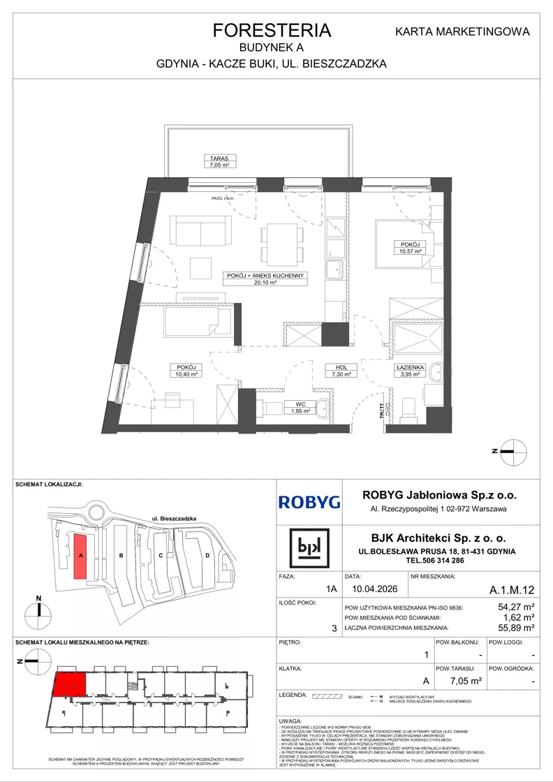 3 pokoje, mieszkanie 54,27 m², piętro 1, oferta nr A.1M12, Foresteria Etap A, Gdynia, Wielki Kack, Kacze Buki, ul. Bieszczadzka