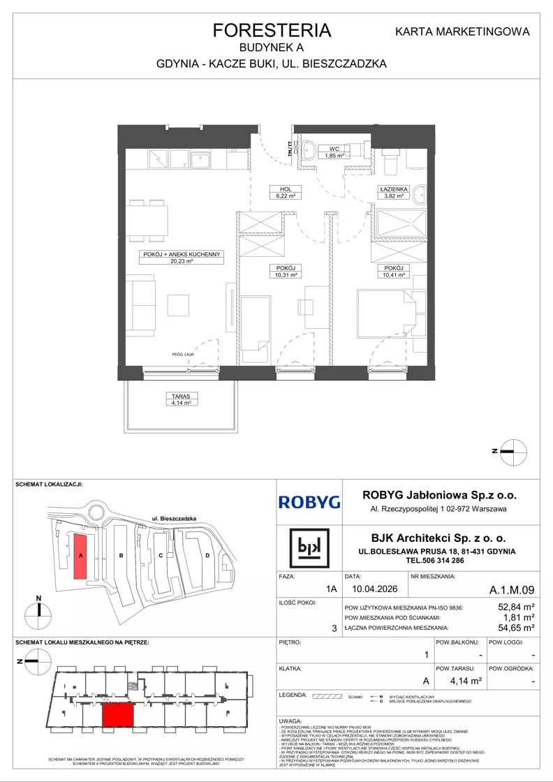 3 pokoje, mieszkanie 52,84 m², piętro 1, oferta nr A.1M09, Foresteria Etap A, Gdynia, Wielki Kack, Kacze Buki, ul. Bieszczadzka