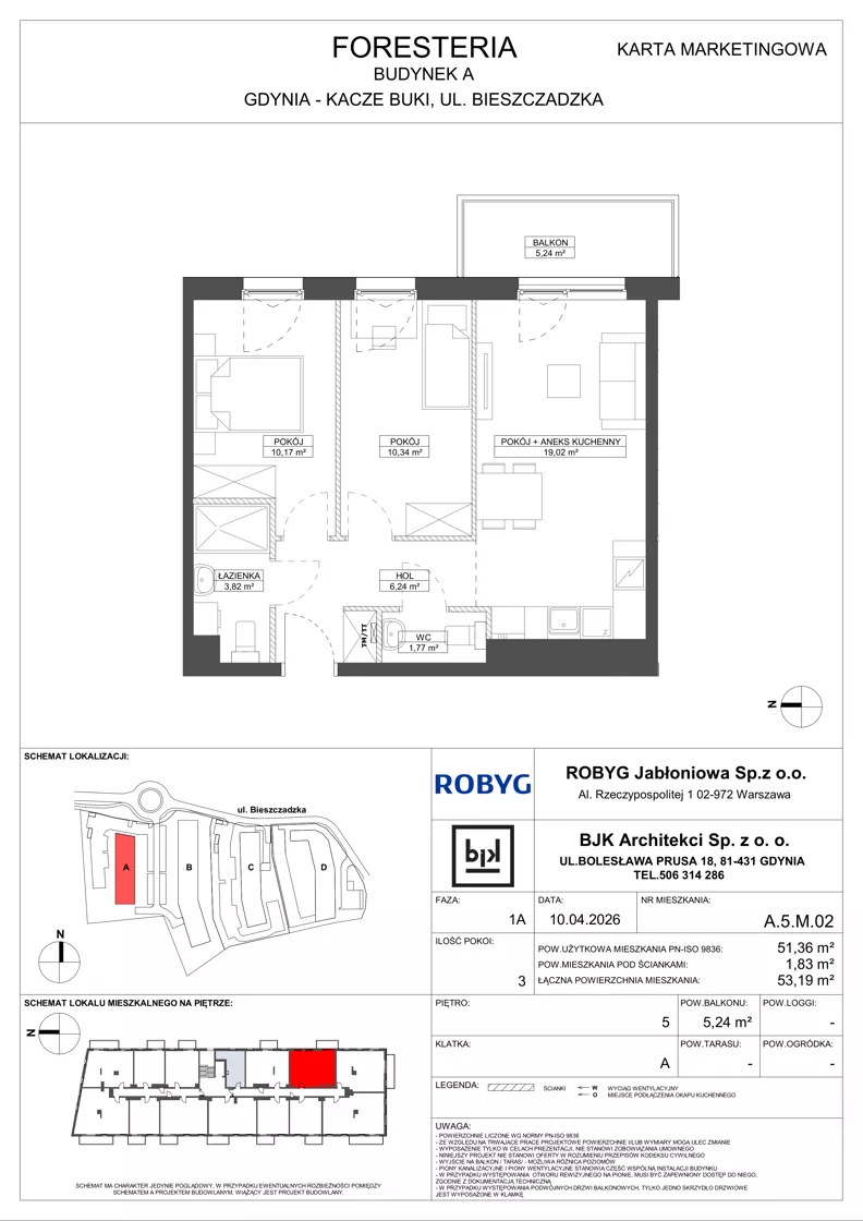 3 pokoje, mieszkanie 51,36 m², piętro 5, oferta nr A.5M02, Foresteria Etap A, Gdynia, Wielki Kack, Kacze Buki, ul. Bieszczadzka