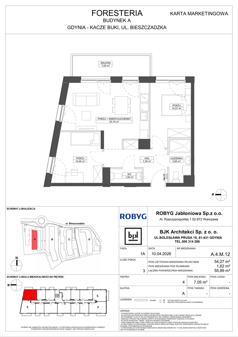 3 pokoje, mieszkanie 54,27 m², piętro 4, oferta nr A.4M12, Foresteria Etap A, Gdynia, Wielki Kack, Kacze Buki, ul. Bieszczadzka