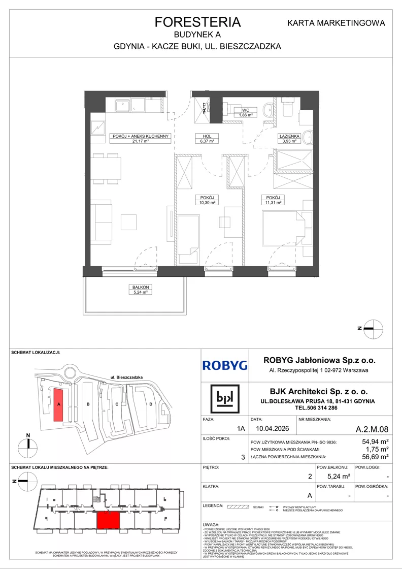 3 pokoje, mieszkanie 54,94 m², piętro 2, oferta nr A.2M08, Foresteria Etap A, Gdynia, Wielki Kack, Kacze Buki, ul. Bieszczadzka
