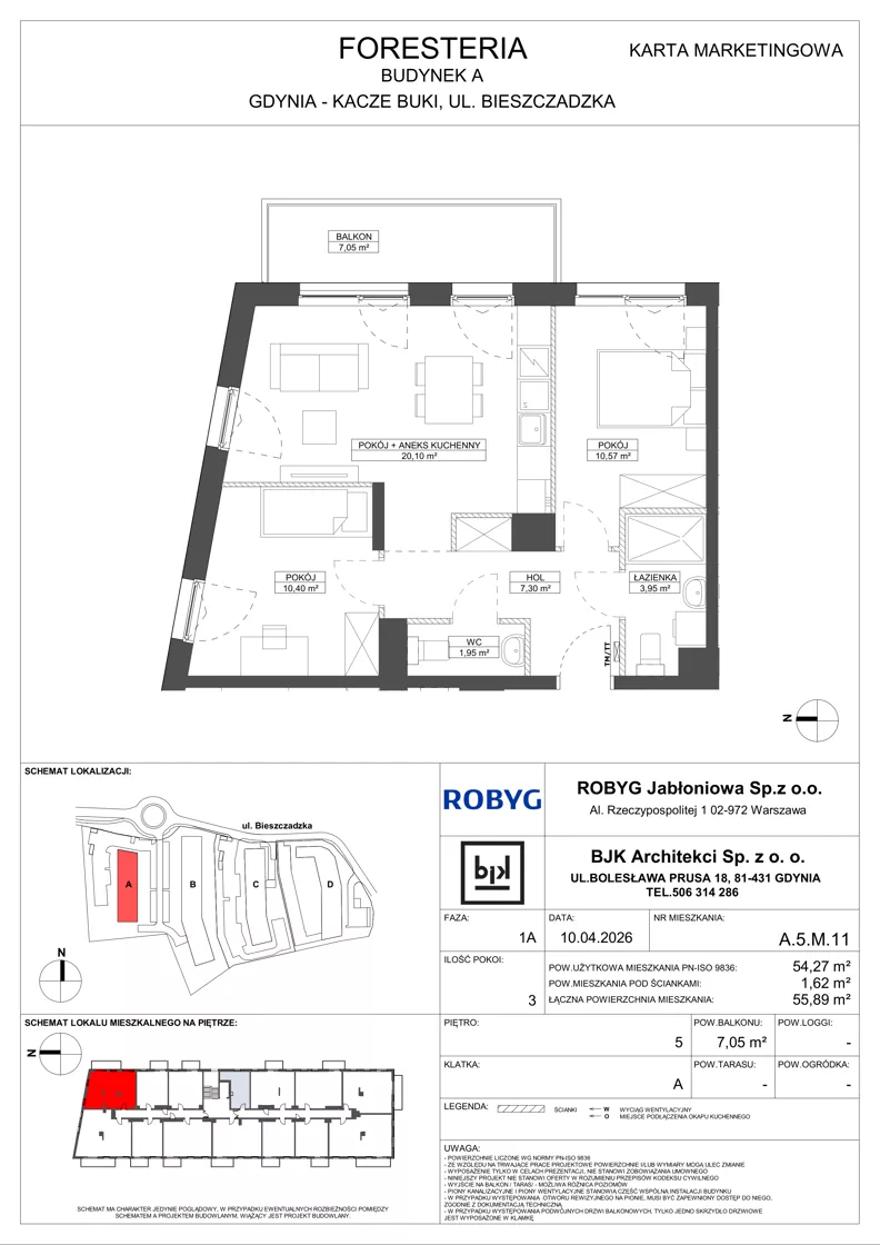 3 pokoje, mieszkanie 54,27 m², piętro 5, oferta nr A.5M11, Foresteria Etap A, Gdynia, Wielki Kack, Kacze Buki, ul. Bieszczadzka