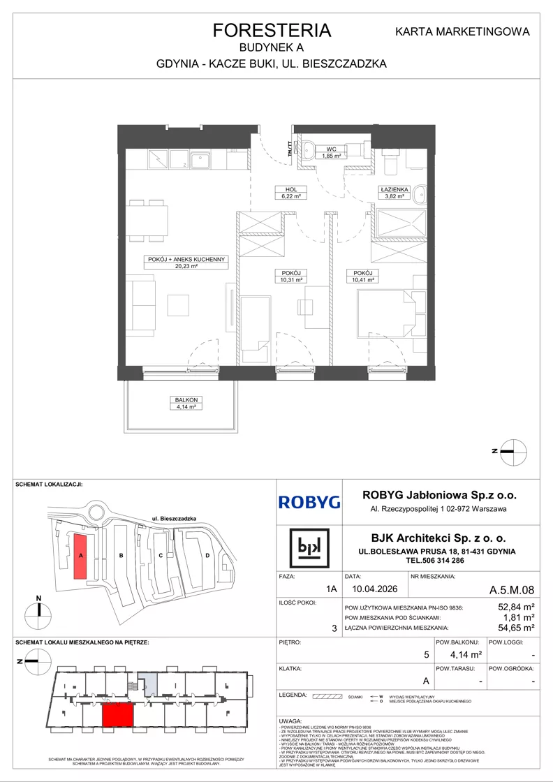 3 pokoje, mieszkanie 52,84 m², piętro 5, oferta nr A.5M08, Foresteria Etap A, Gdynia, Wielki Kack, Kacze Buki, ul. Bieszczadzka