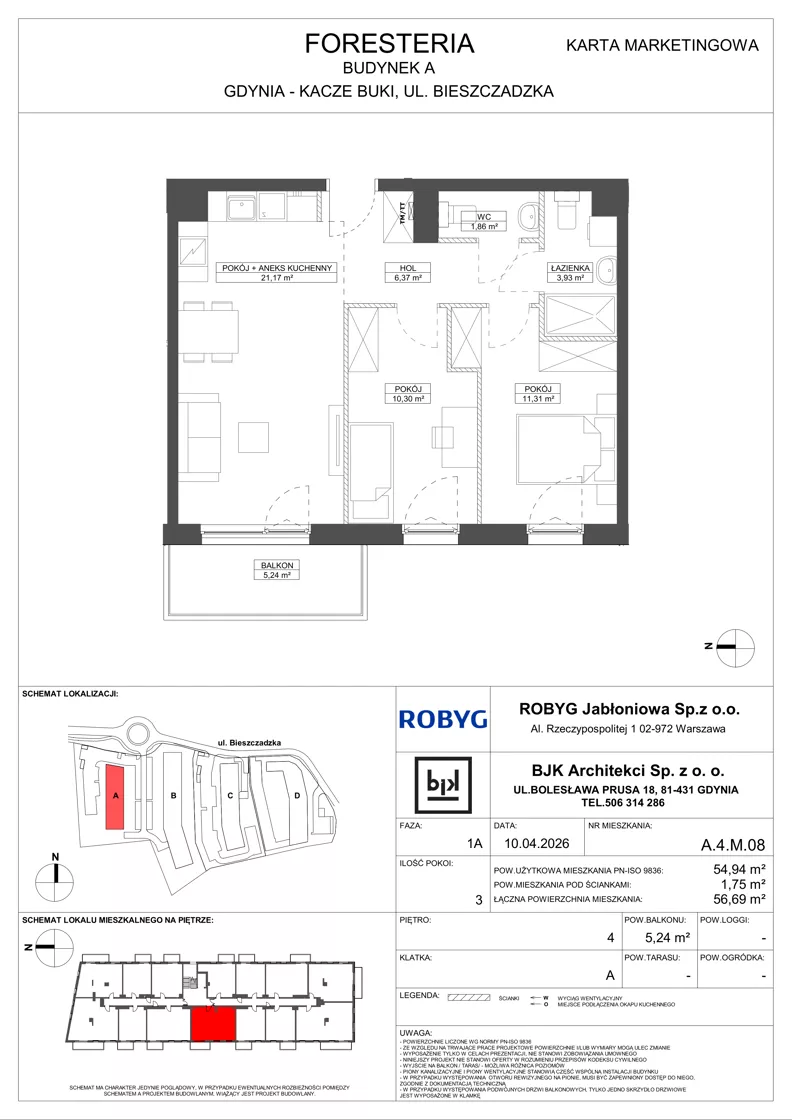 3 pokoje, mieszkanie 54,94 m², piętro 4, oferta nr A.4M08, Foresteria Etap A, Gdynia, Wielki Kack, Kacze Buki, ul. Bieszczadzka