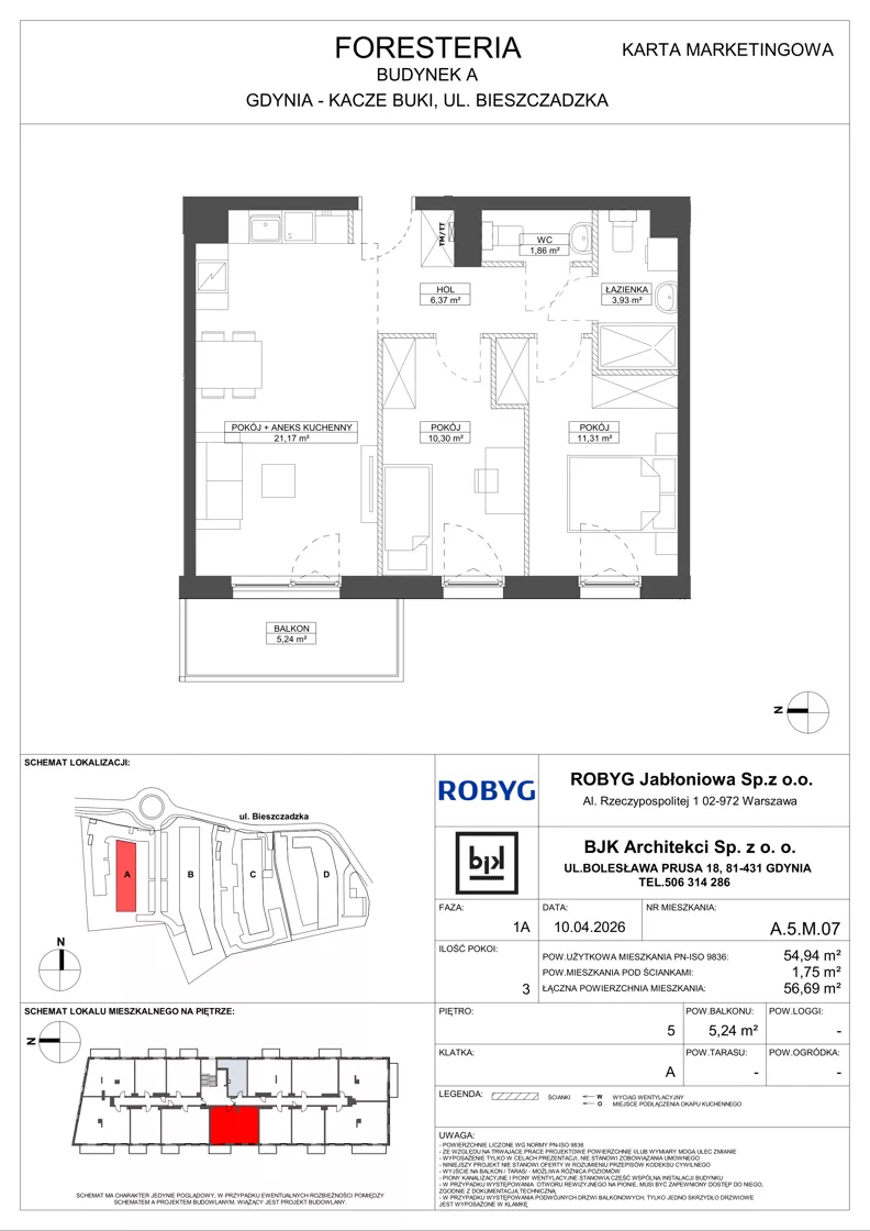 3 pokoje, mieszkanie 54,94 m², piętro 5, oferta nr A.5M07, Foresteria Etap A, Gdynia, Wielki Kack, Kacze Buki, ul. Bieszczadzka