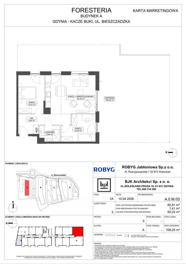 3 pokoje, mieszkanie 60,81 m², parter, oferta nr A.0M03, Foresteria Etap A, Gdynia, Wielki Kack, Kacze Buki, ul. Bieszczadzka