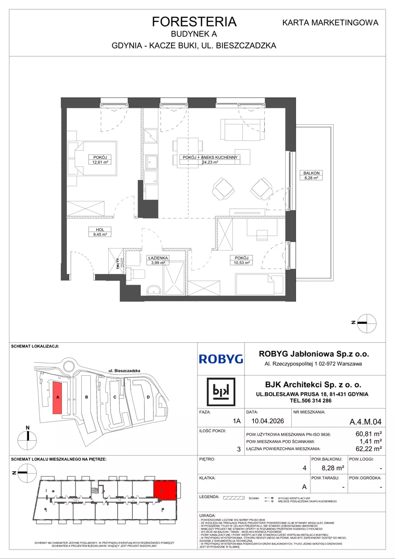 3 pokoje, mieszkanie 60,81 m², piętro 4, oferta nr A.4M04, Foresteria Etap A, Gdynia, Wielki Kack, Kacze Buki, ul. Bieszczadzka