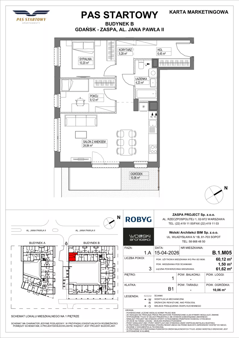 3 pokoje, mieszkanie 60,12 m², piętro 1, oferta nr B.1M05, Pas Startowy, Gdańsk, Zaspa, Zaspa-Młyniec, al. Jana Pawła II