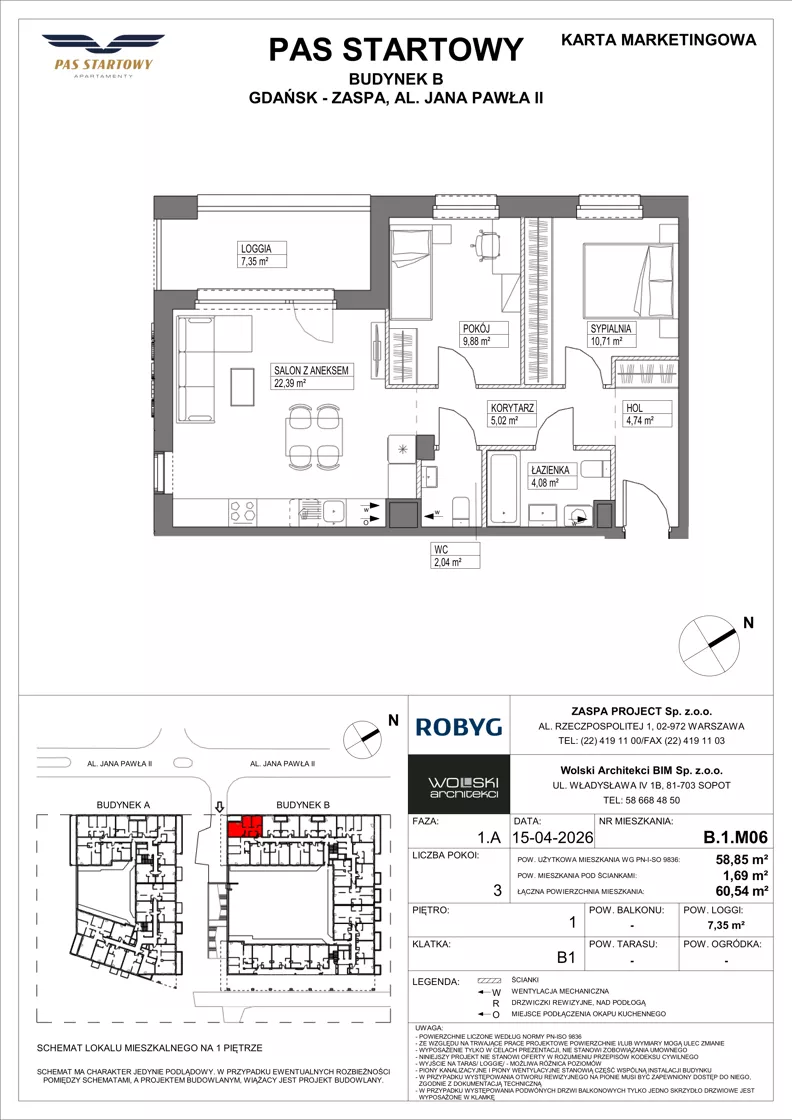 3 pokoje, mieszkanie 58,85 m², piętro 1, oferta nr B.1M06, Pas Startowy, Gdańsk, Zaspa, Zaspa-Młyniec, al. Jana Pawła II