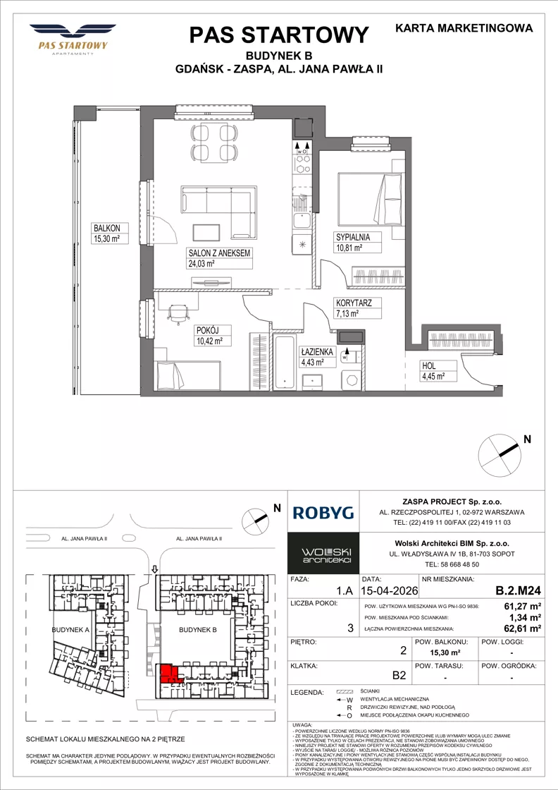 3 pokoje, mieszkanie 61,27 m², piętro 2, oferta nr B.2M24, Pas Startowy, Gdańsk, Zaspa, Zaspa-Młyniec, al. Jana Pawła II