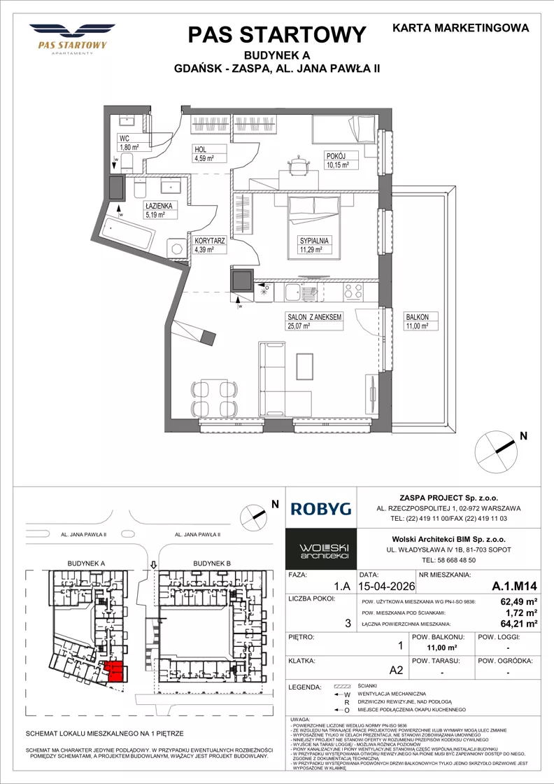 3 pokoje, mieszkanie 62,49 m², piętro 1, oferta nr A.1M14, Pas Startowy, Gdańsk, Zaspa, Zaspa-Młyniec, al. Jana Pawła II