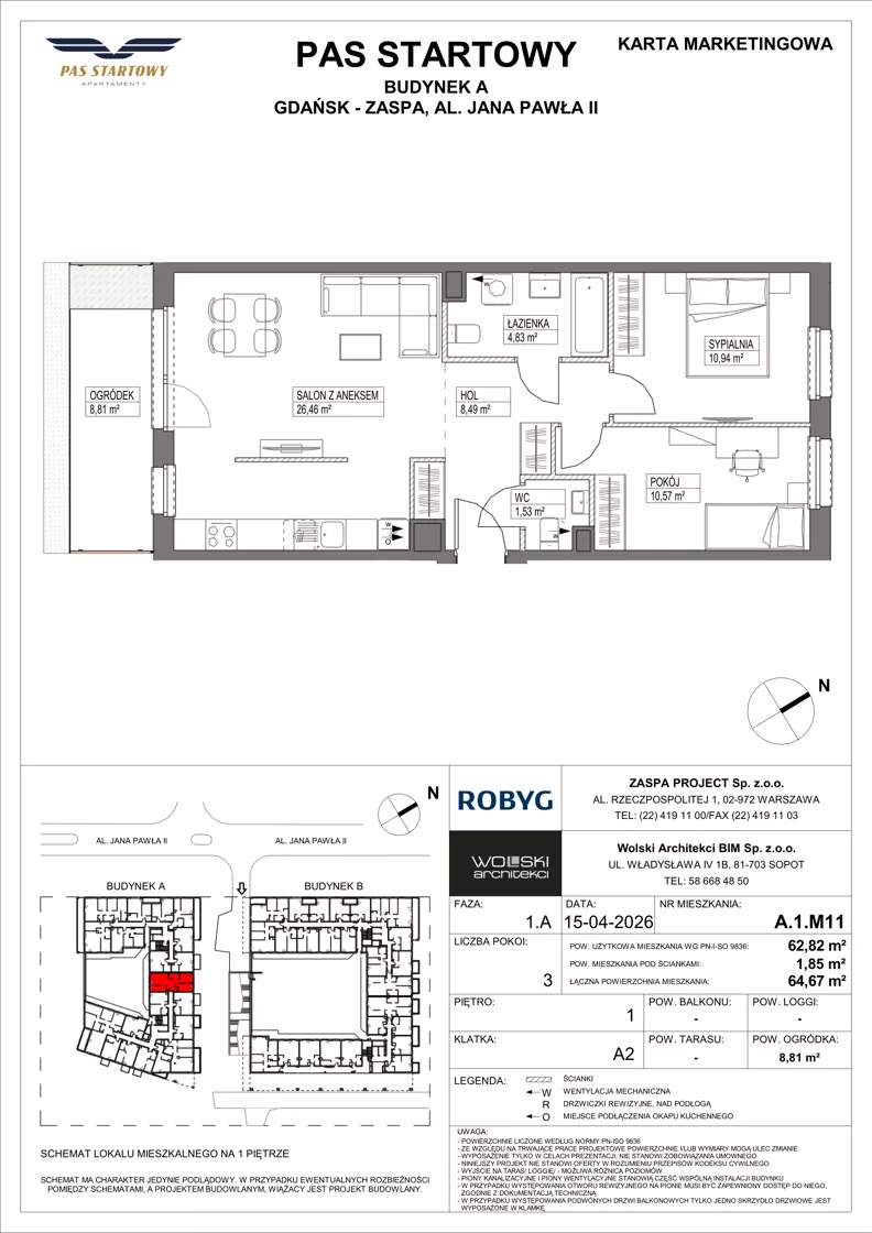 3 pokoje, mieszkanie 62,82 m², piętro 1, oferta nr A.1M11, Pas Startowy, Gdańsk, Zaspa, Zaspa-Młyniec, al. Jana Pawła II