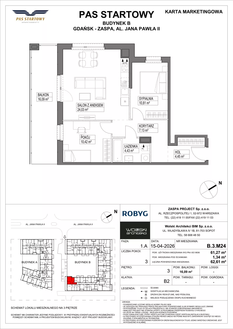 3 pokoje, mieszkanie 61,27 m², piętro 3, oferta nr B.3M24, Pas Startowy, Gdańsk, Zaspa, Zaspa-Młyniec, al. Jana Pawła II