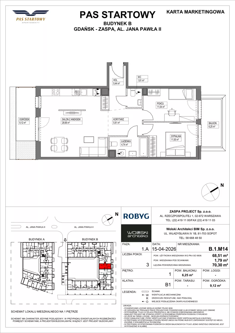3 pokoje, mieszkanie 68,51 m², piętro 1, oferta nr B.1M14, Pas Startowy, Gdańsk, Zaspa, Zaspa-Młyniec, al. Jana Pawła II