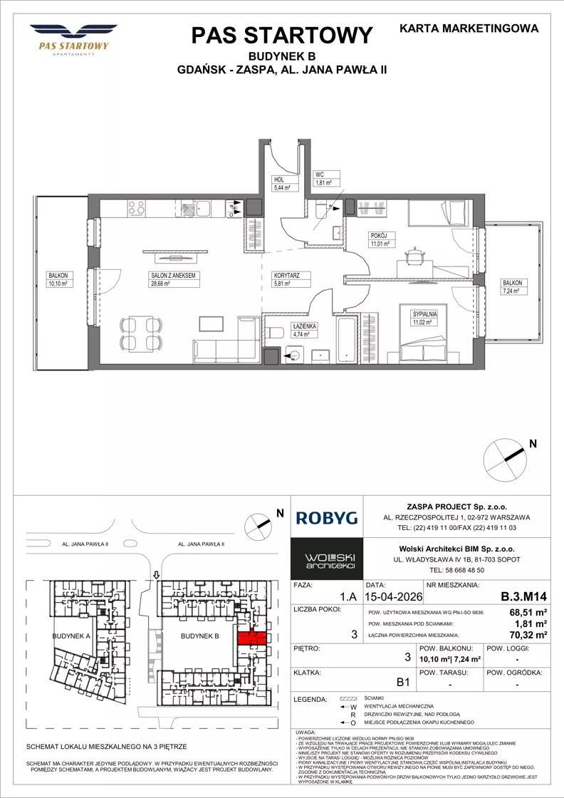 3 pokoje, mieszkanie 68,51 m², piętro 3, oferta nr B.3M14, Pas Startowy, Gdańsk, Zaspa, Zaspa-Młyniec, al. Jana Pawła II
