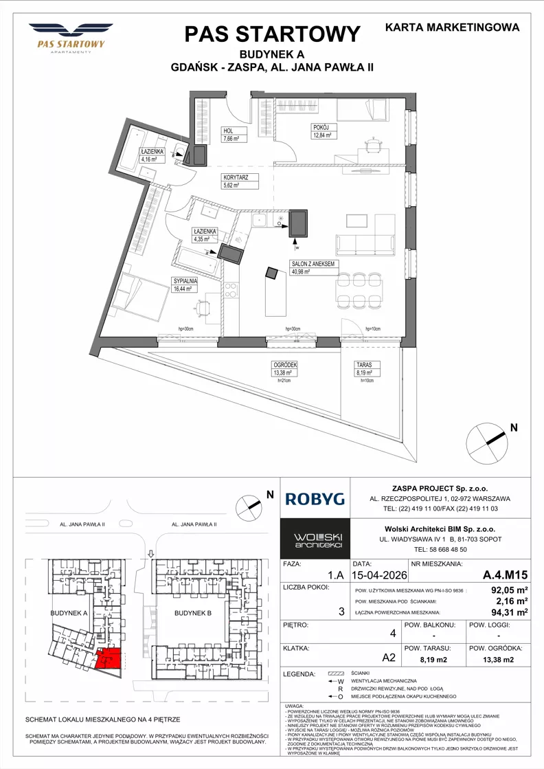 3 pokoje, mieszkanie 92,05 m², piętro 4, oferta nr A.4M15, Pas Startowy, Gdańsk, Zaspa, Zaspa-Młyniec, al. Jana Pawła II