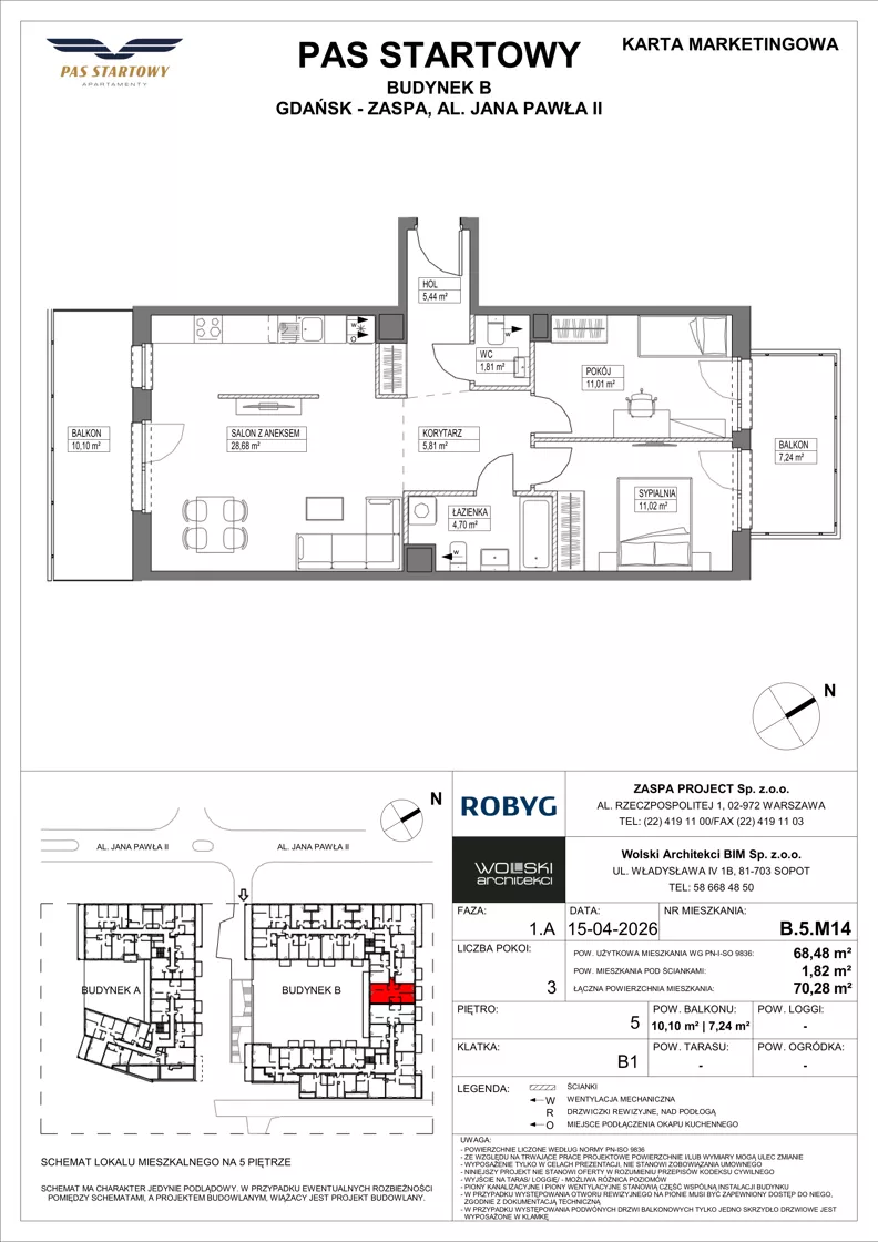 3 pokoje, mieszkanie 68,48 m², piętro 5, oferta nr B.5M14, Pas Startowy, Gdańsk, Zaspa, Zaspa-Młyniec, al. Jana Pawła II