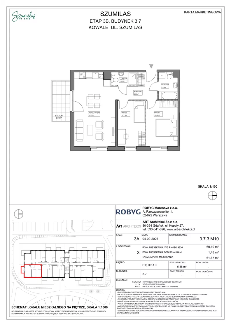3 pokoje, mieszkanie 60,19 m², piętro 3, oferta nr 3.7.3M10, Szumilas, Kowale, ul. Magazynowa